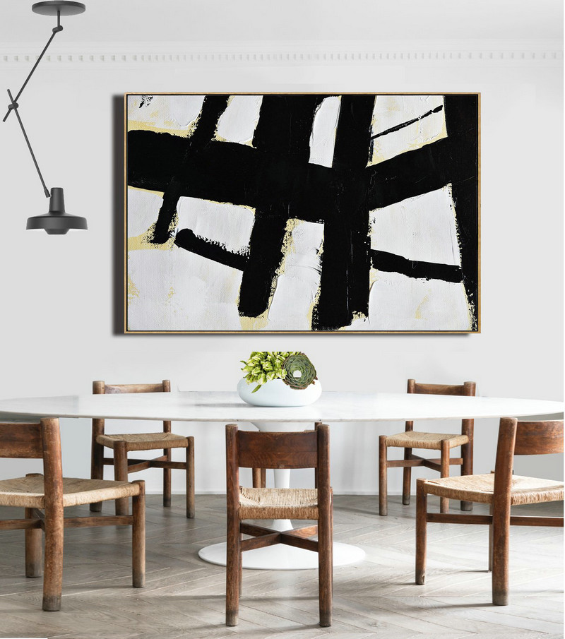 Acrylic Painting Large Wall Art,Horizontal Palette Knife Minimal Canvas Art Painting Black White Beige - Hand Painted Original Art